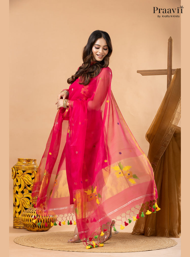Rani Pink Muslin Jamdani 2-Piece Suit Set with Tissue Dupatta