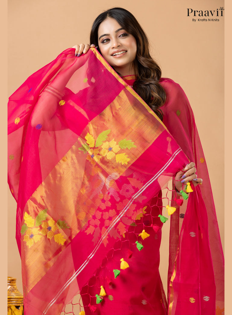 Rani Pink Muslin Jamdani 2-Piece Suit Set with Tissue Dupatta