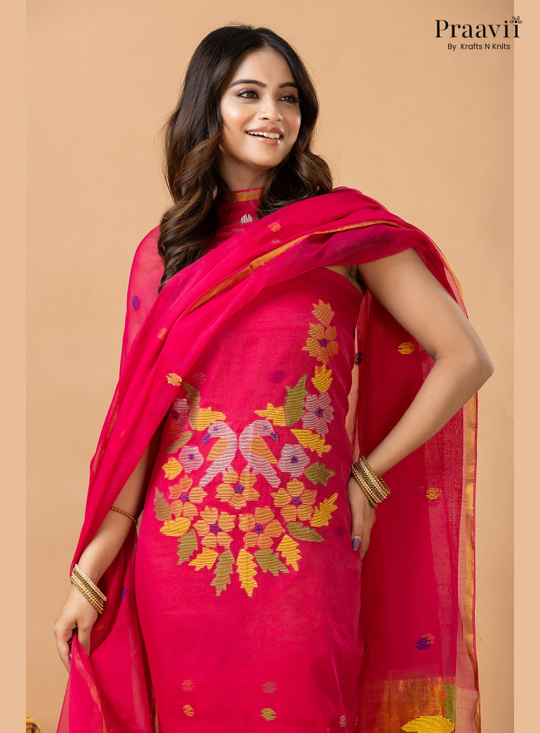 Rani Pink Muslin Jamdani 2-Piece Suit Set with Tissue Dupatta