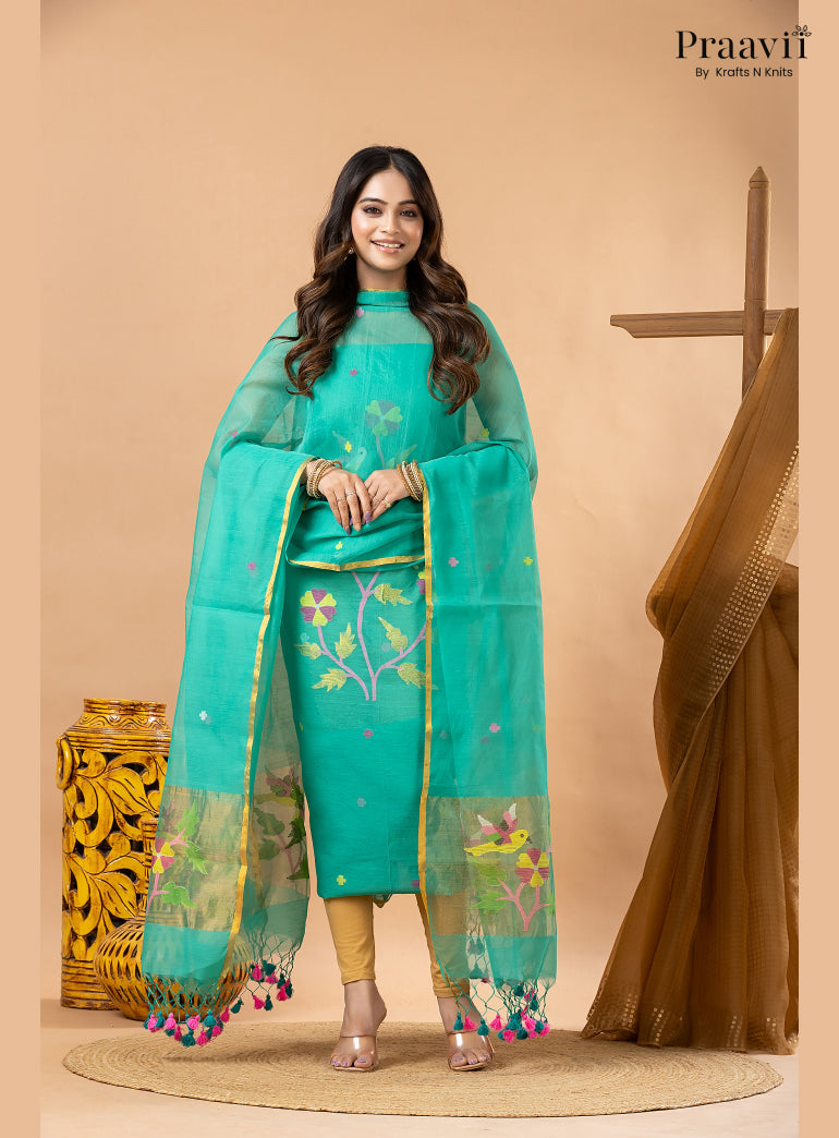 Aqua Blue Muslin Jamdani 2-Piece Suit Set with Tissue Dupatta