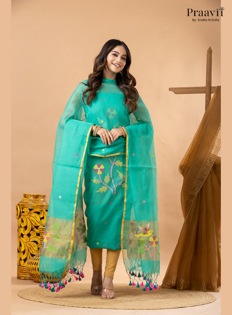 Aqua Blue Muslin Jamdani 2-Piece Suit Set with Tissue Dupatta