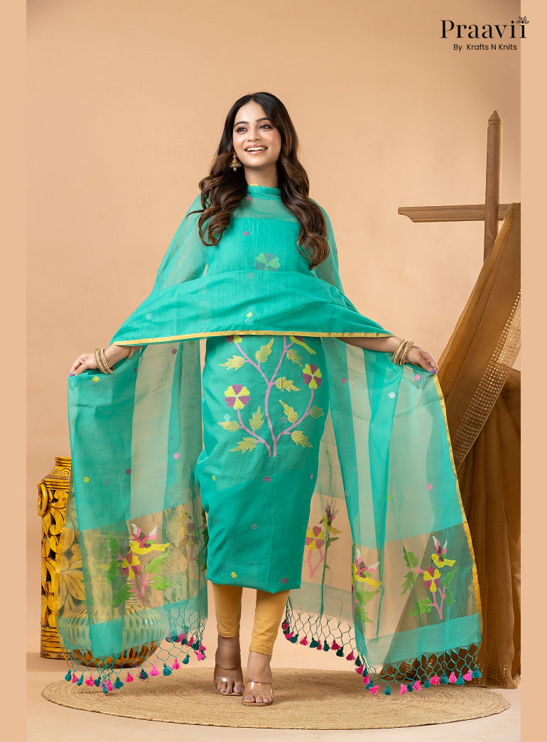 Aqua Blue Muslin Jamdani 2-Piece Suit Set with Tissue Dupatta