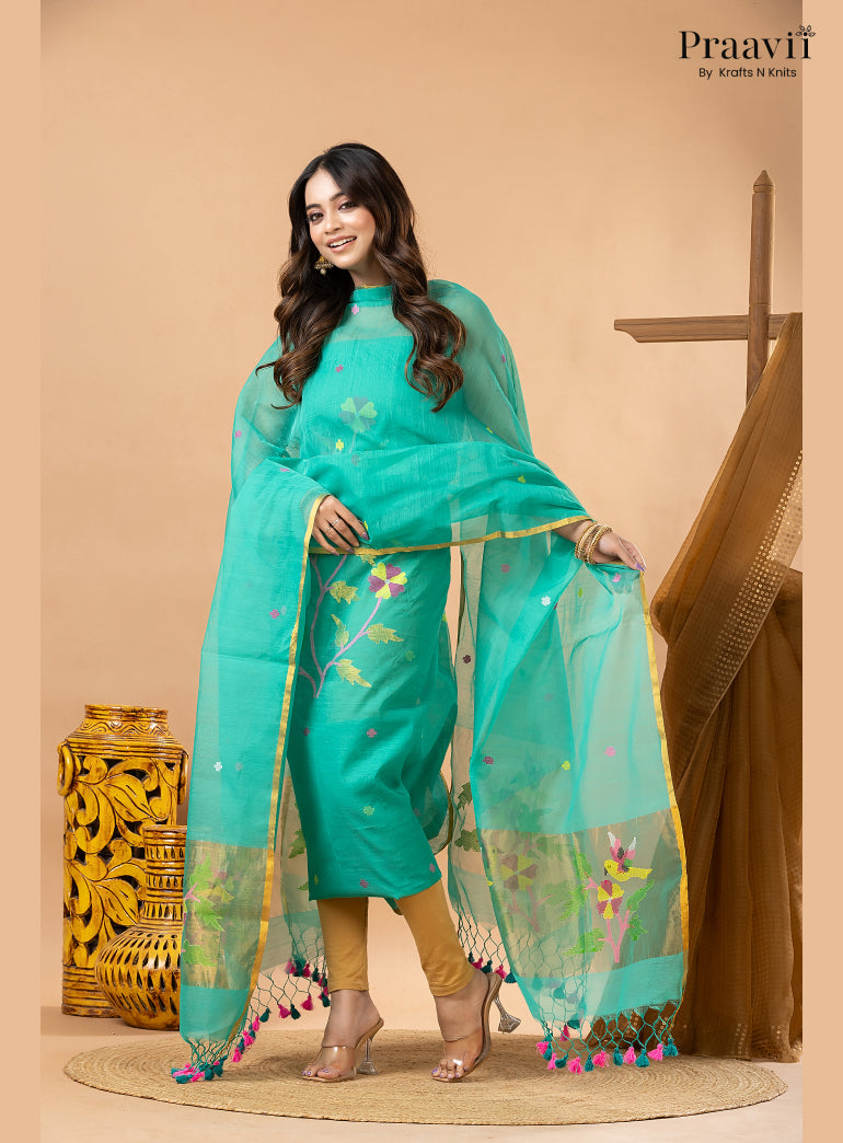 Aqua Blue Muslin Jamdani 2-Piece Suit Set with Tissue Dupatta
