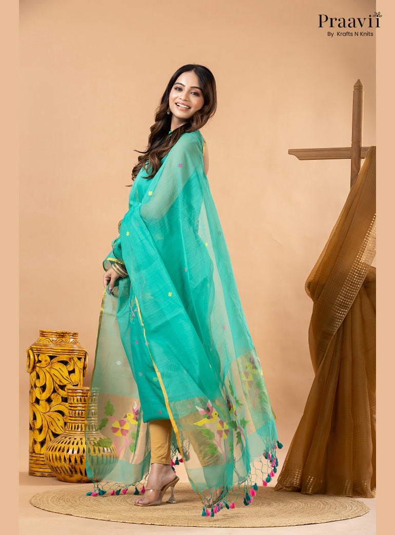 Aqua Blue Muslin Jamdani 2-Piece Suit Set with Tissue Dupatta