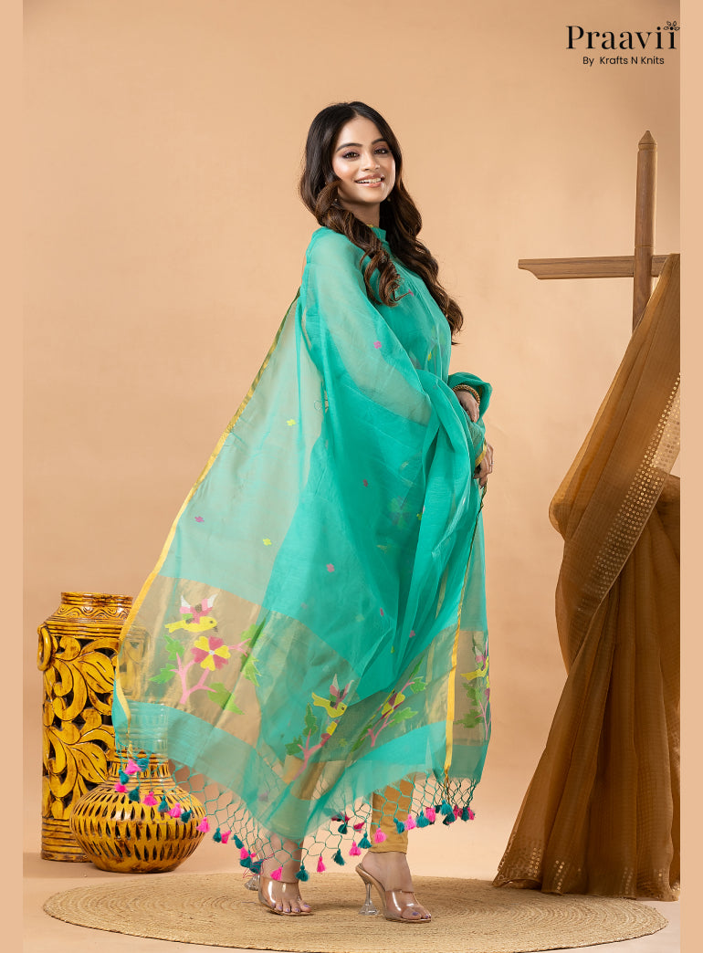Aqua Blue Muslin Jamdani 2-Piece Suit Set with Tissue Dupatta