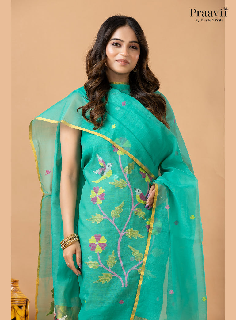 Aqua Blue Muslin Jamdani 2-Piece Suit Set with Tissue Dupatta