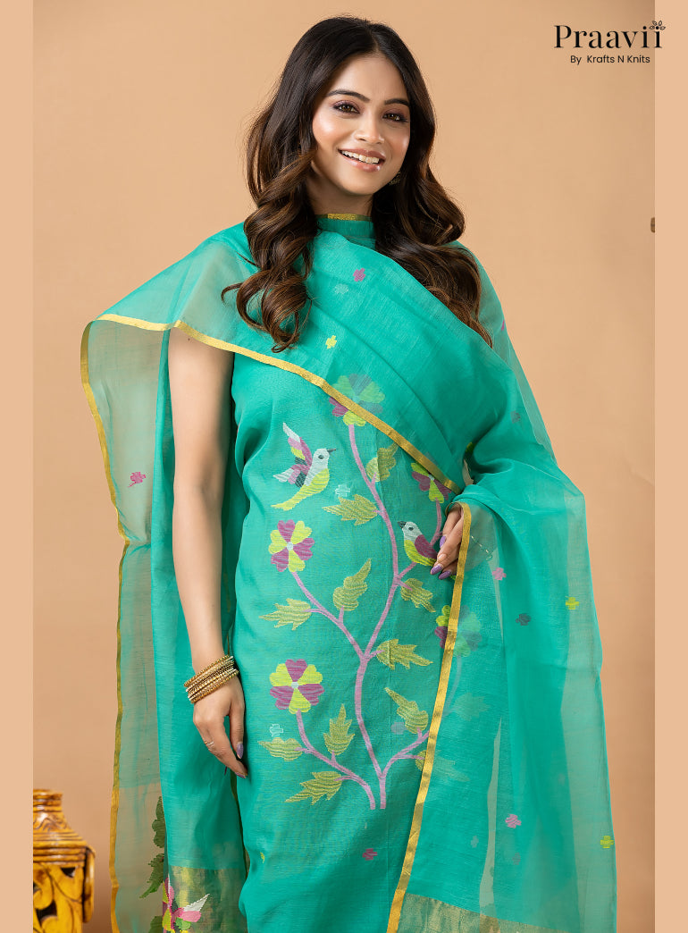 Aqua Blue Muslin Jamdani 2-Piece Suit Set with Tissue Dupatta