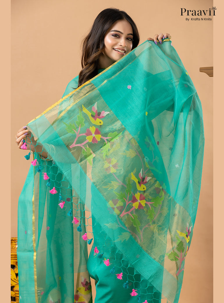 Aqua Blue Muslin Jamdani 2-Piece Suit Set with Tissue Dupatta