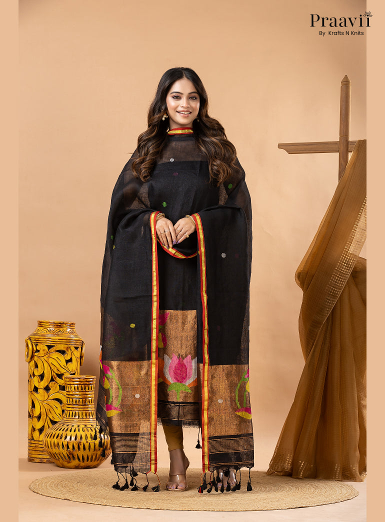 Rich Black Linen Tissue Jamdani 2-Piece Suit Set