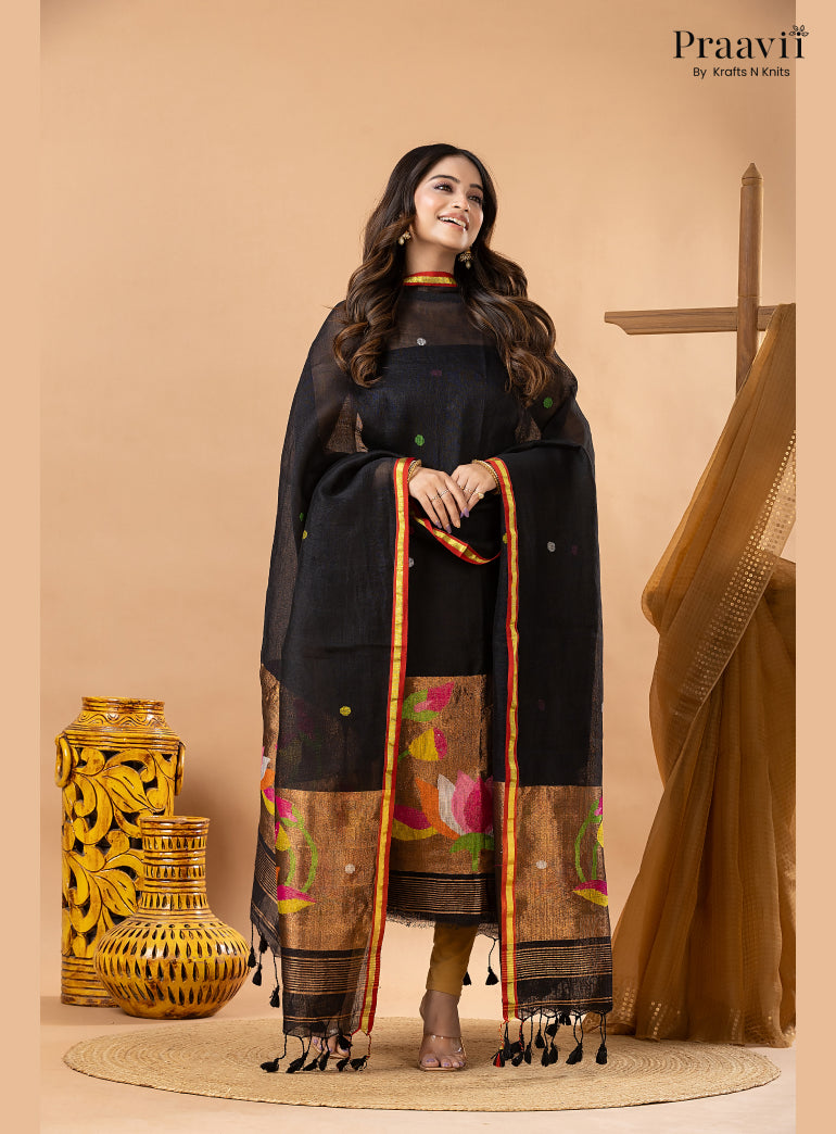 Rich Black Linen Tissue Jamdani 2-Piece Suit Set