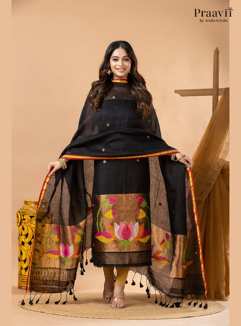 Rich Black Linen Tissue Jamdani 2-Piece Suit Set