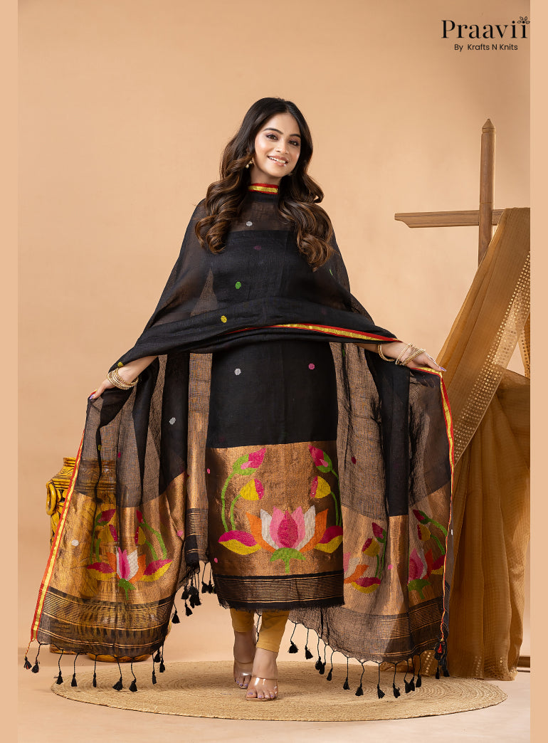 Rich Black Linen Tissue Jamdani 2-Piece Suit Set