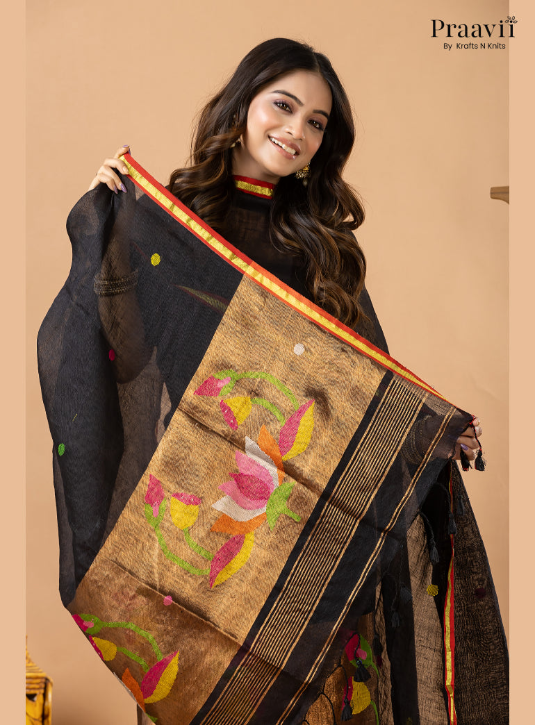 Rich Black Linen Tissue Jamdani 2-Piece Suit Set
