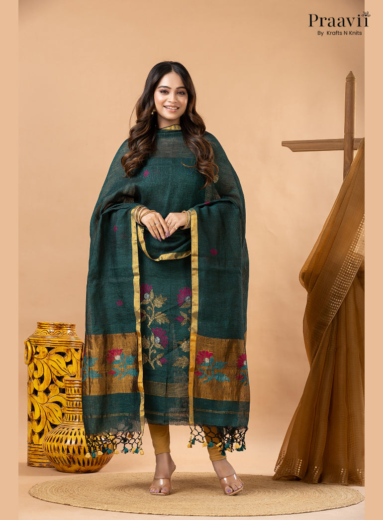 Rama Green Linen Tissue Jamdani 2-Piece Suit Set