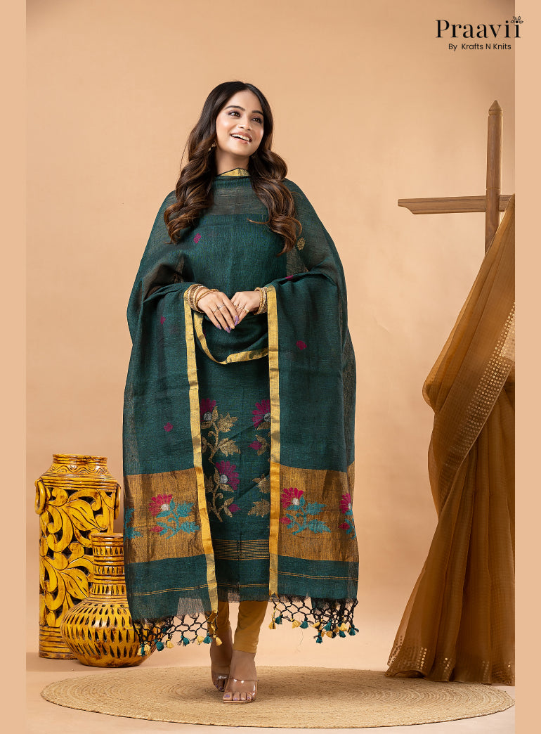 Rama Green Linen Tissue Jamdani 2-Piece Suit Set