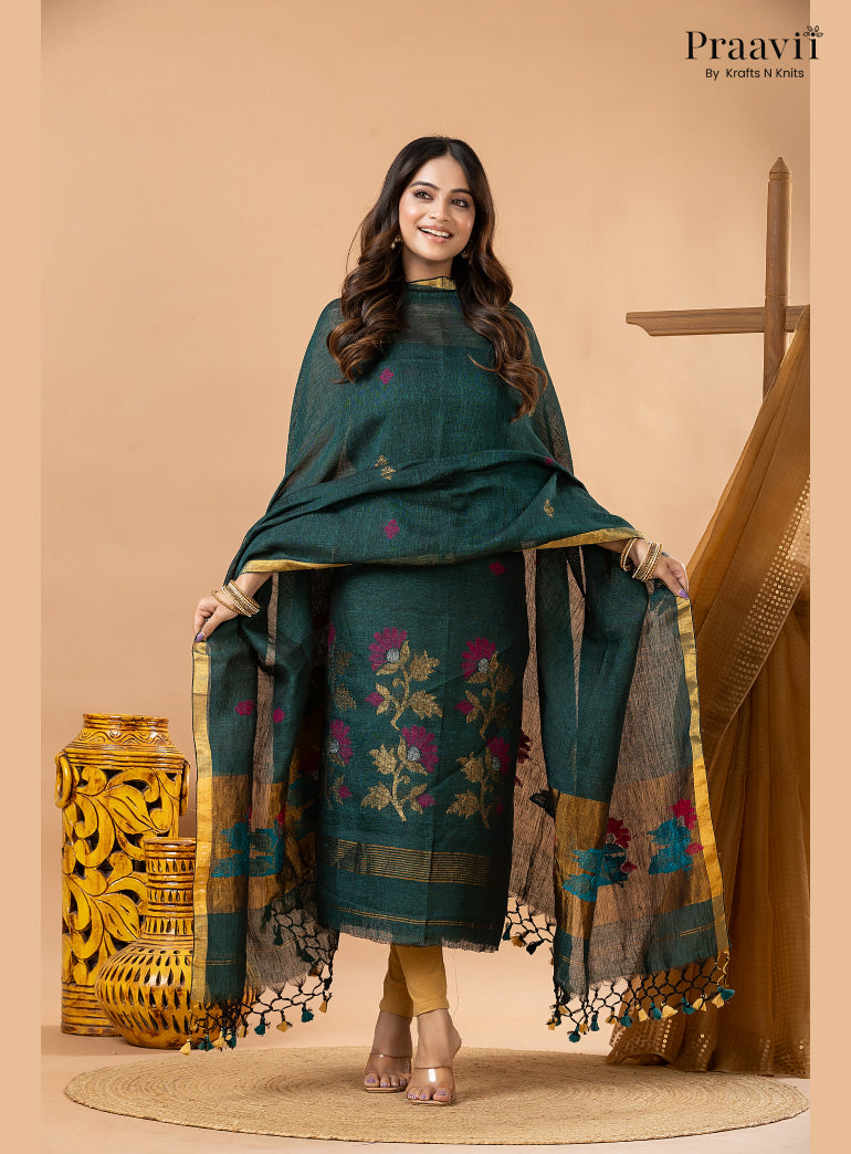 Rama Green Linen Tissue Jamdani 2-Piece Suit Set