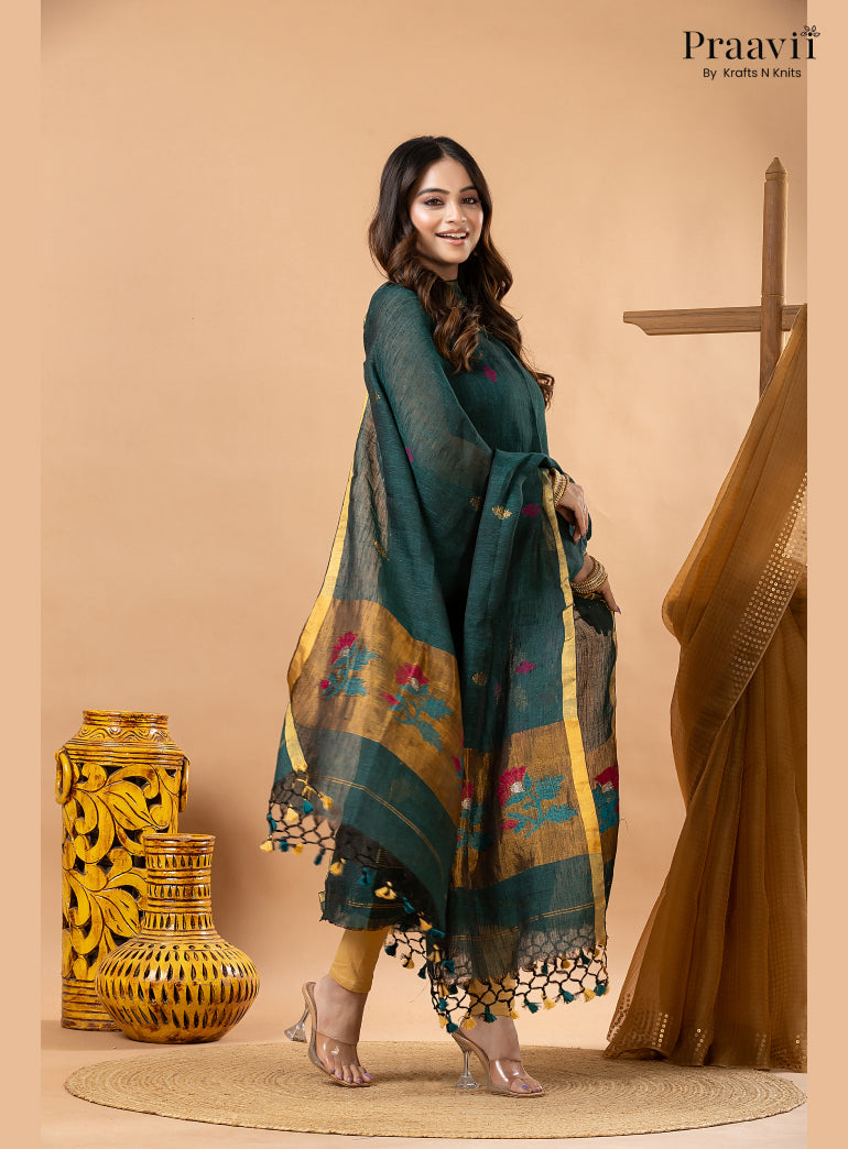 Rama Green Linen Tissue Jamdani 2-Piece Suit Set