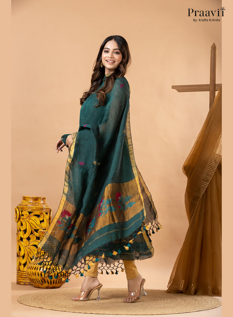 Rama Green Linen Tissue Jamdani 2-Piece Suit Set