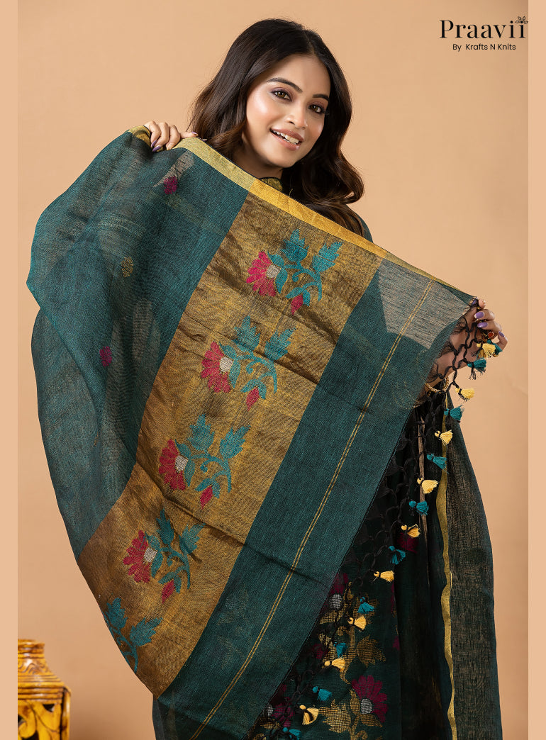 Rama Green Linen Tissue Jamdani 2-Piece Suit Set