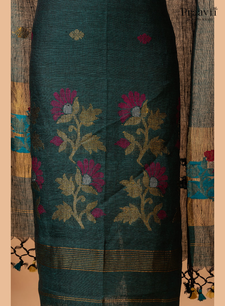 Rama Green Linen Tissue Jamdani 2-Piece Suit Set