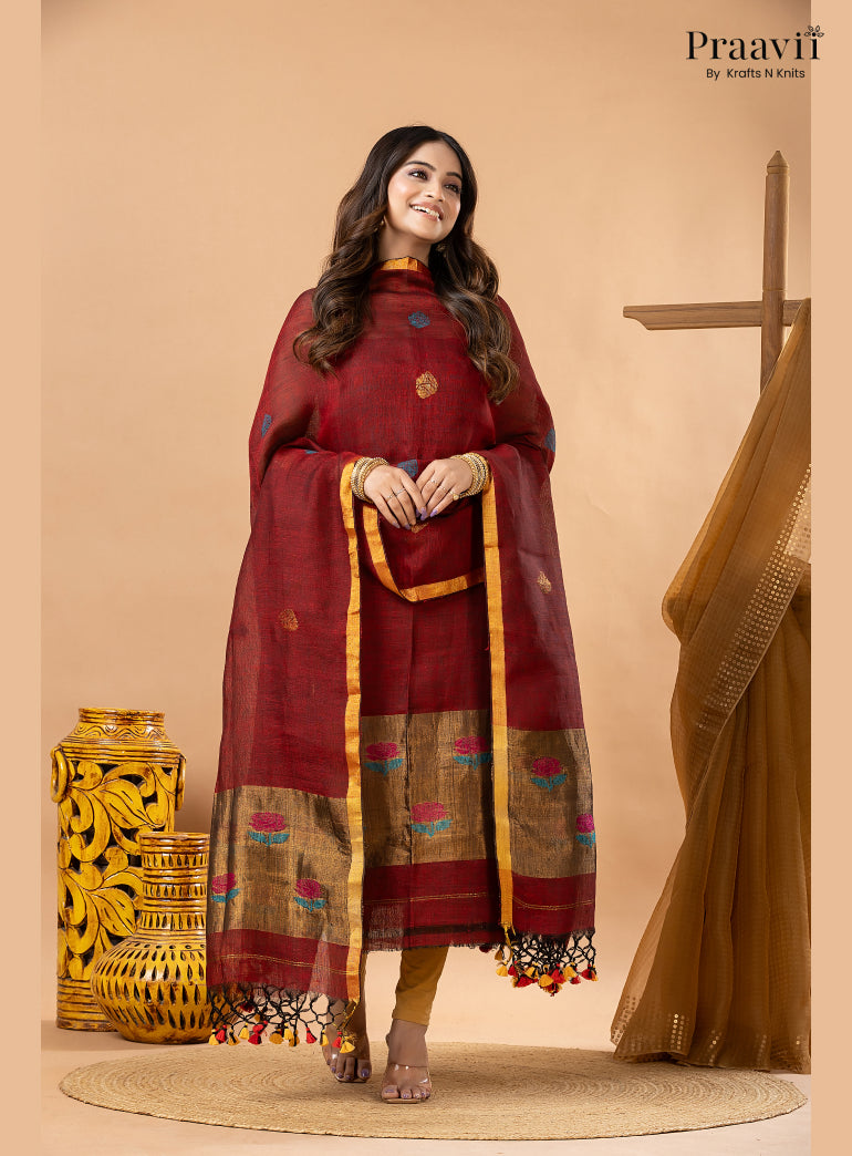 Maroon Linen Tissue Jamdani 2-Piece Suit Set