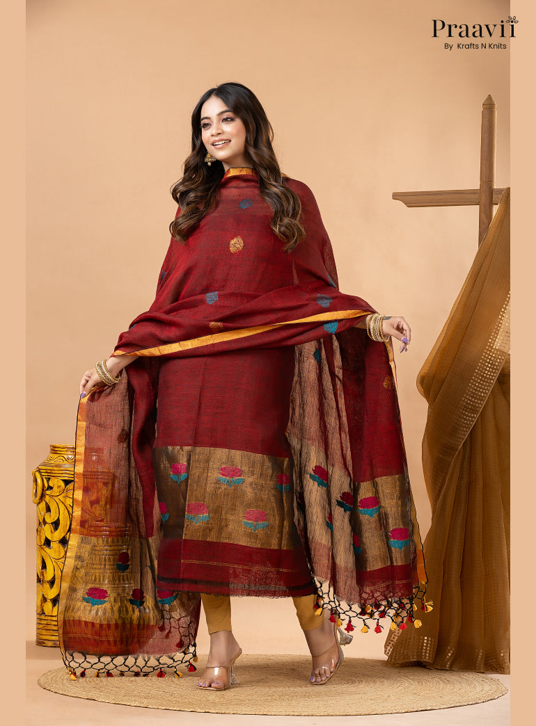 Maroon Linen Tissue Jamdani 2-Piece Suit Set