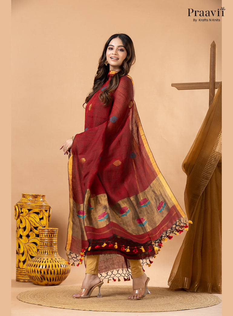 Maroon Linen Tissue Jamdani 2-Piece Suit Set