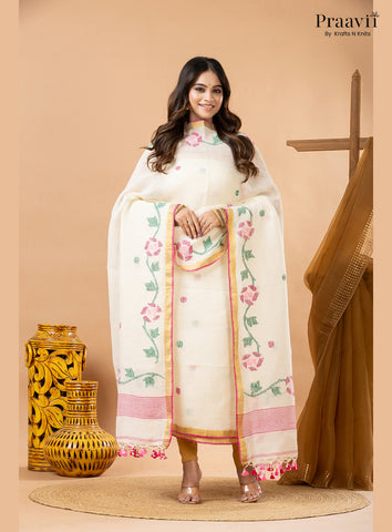 Powdery White Linen Lata Jamdani Handwoven 2-Piece Suit Set