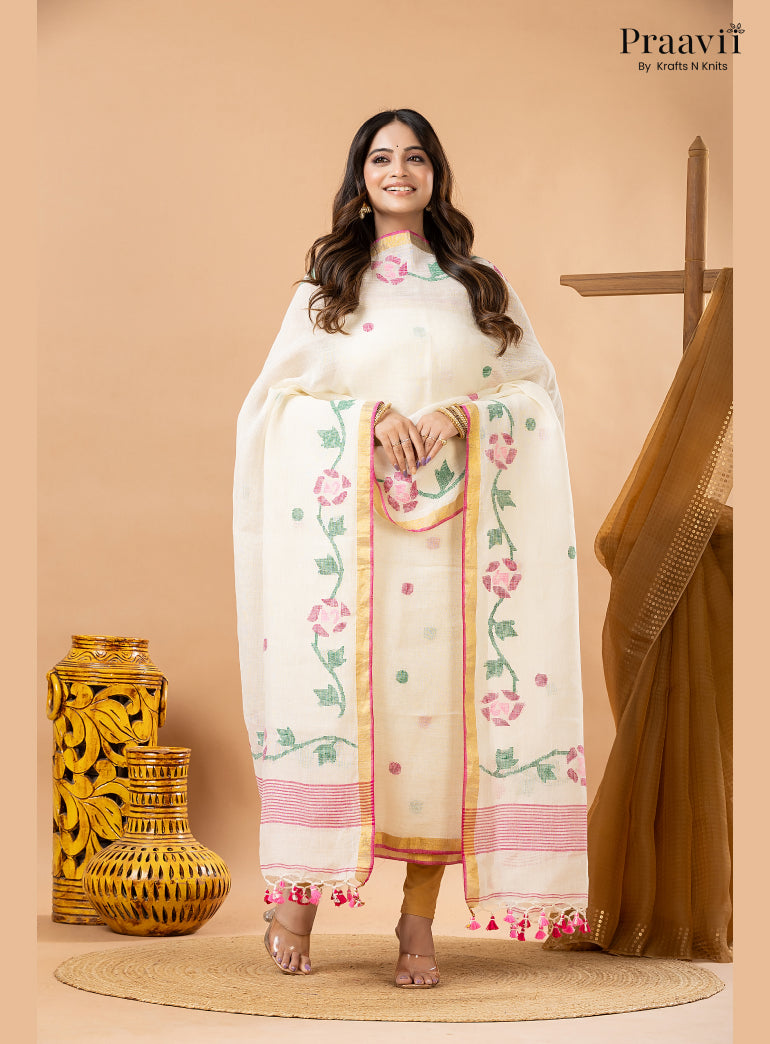 Powdery White Linen Lata Jamdani Handwoven 2-Piece Suit Set