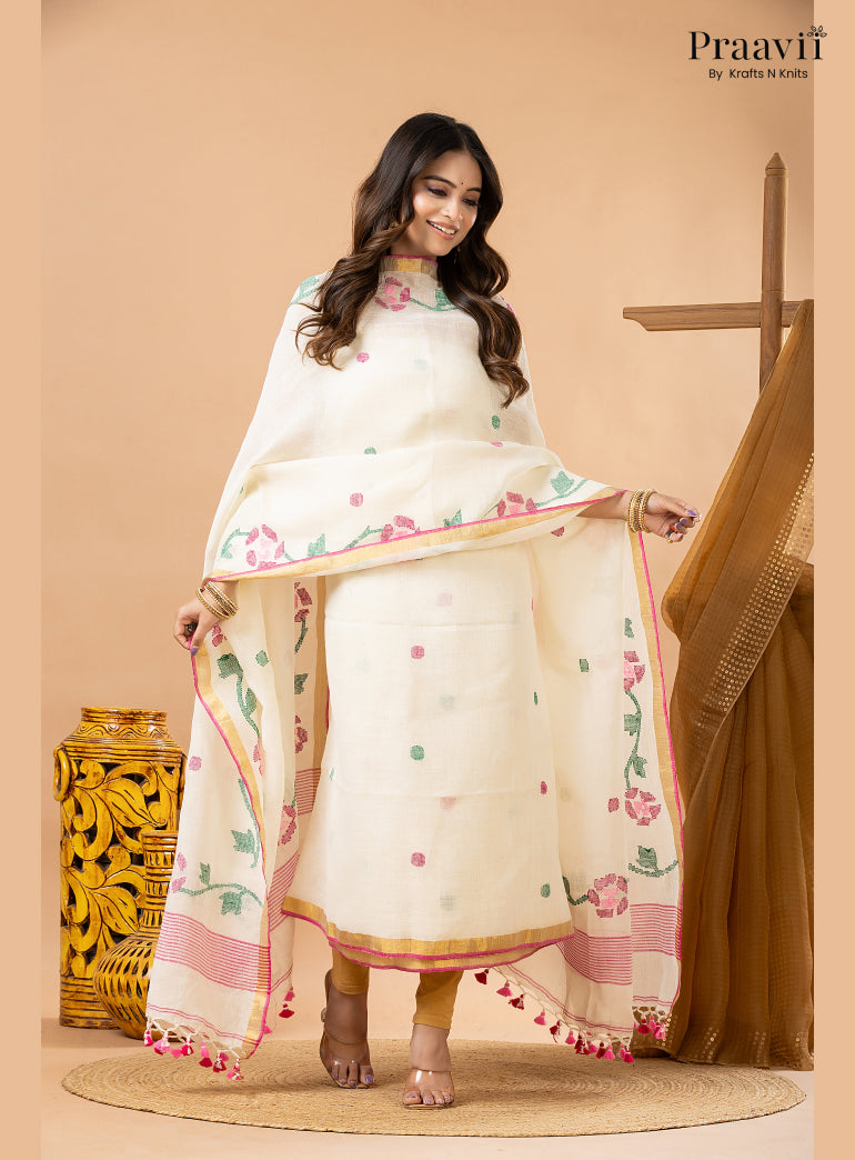 Powdery White Linen Lata Jamdani Handwoven 2-Piece Suit Set