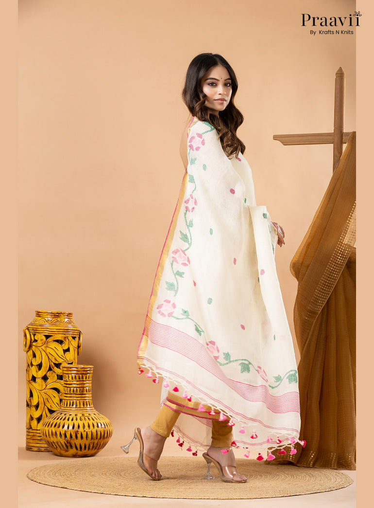 Powdery White Linen Lata Jamdani Handwoven 2-Piece Suit Set