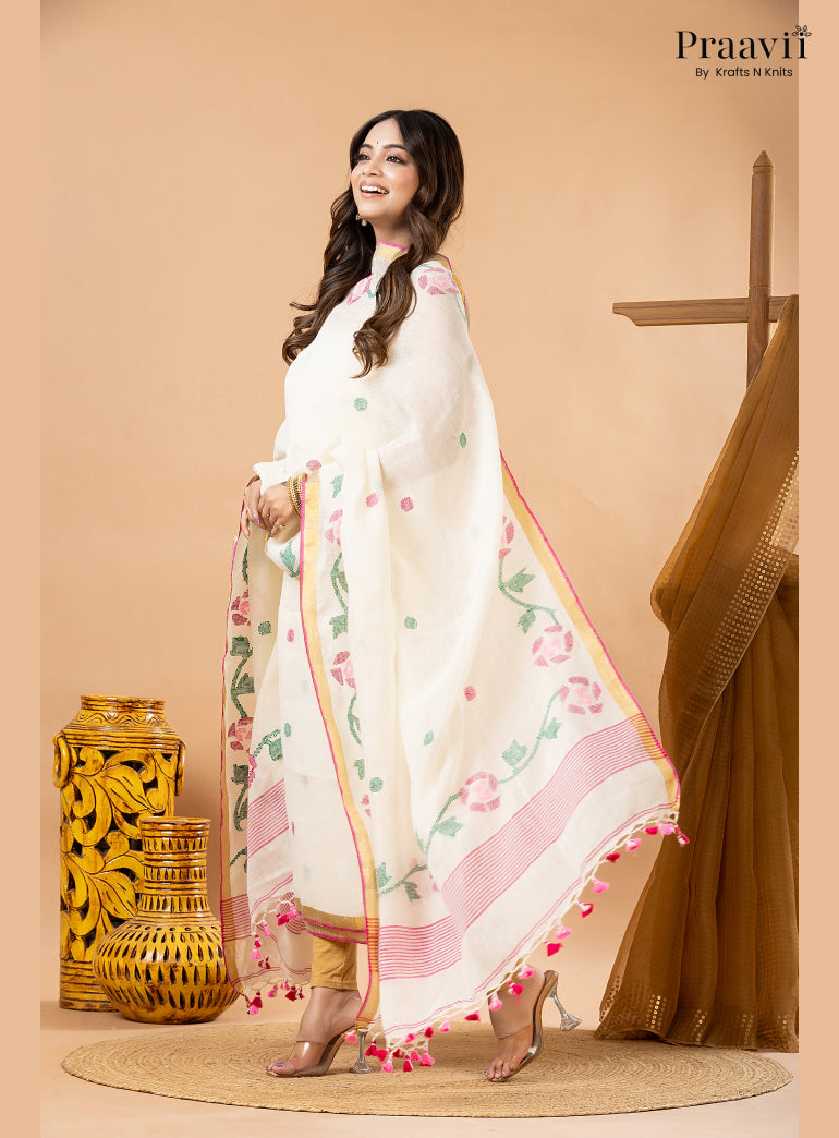 Powdery White Linen Lata Jamdani Handwoven 2-Piece Suit Set