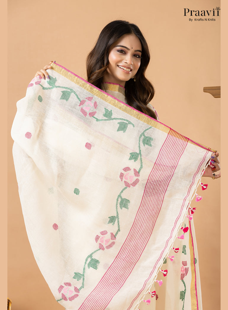 Powdery White Linen Lata Jamdani Handwoven 2-Piece Suit Set