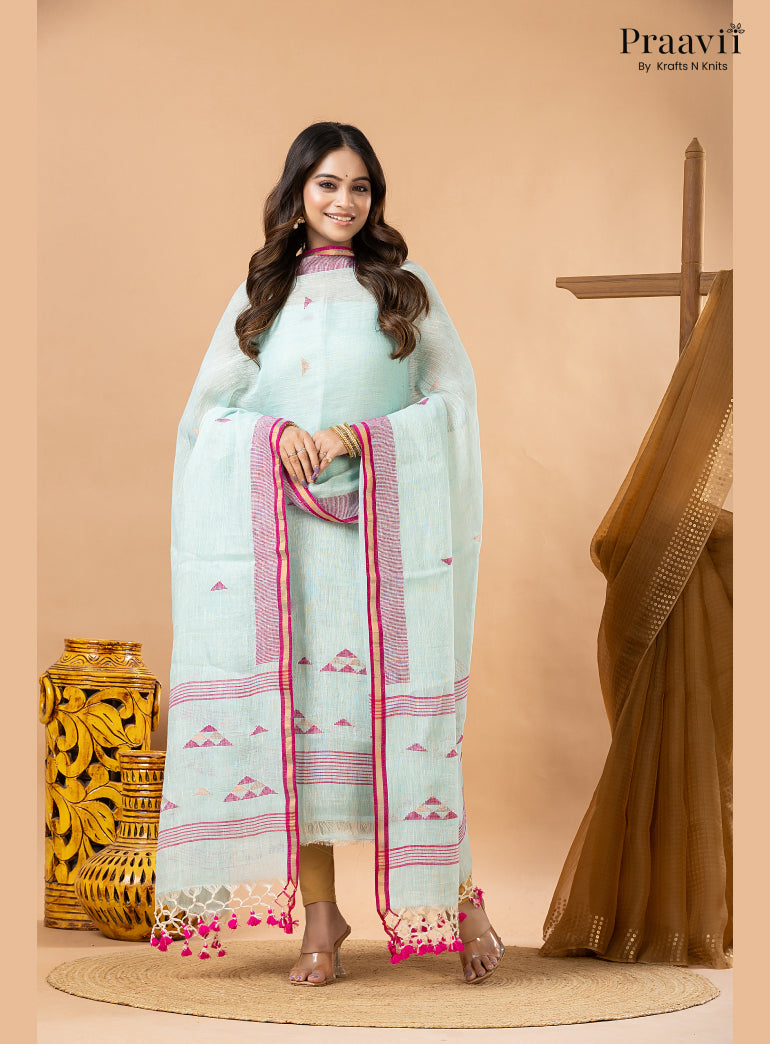 Powdery Blue Linen Lata Jamdani Handwoven 2-Piece Suit Set