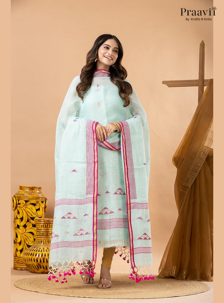 Powdery Blue Linen Lata Jamdani Handwoven 2-Piece Suit Set