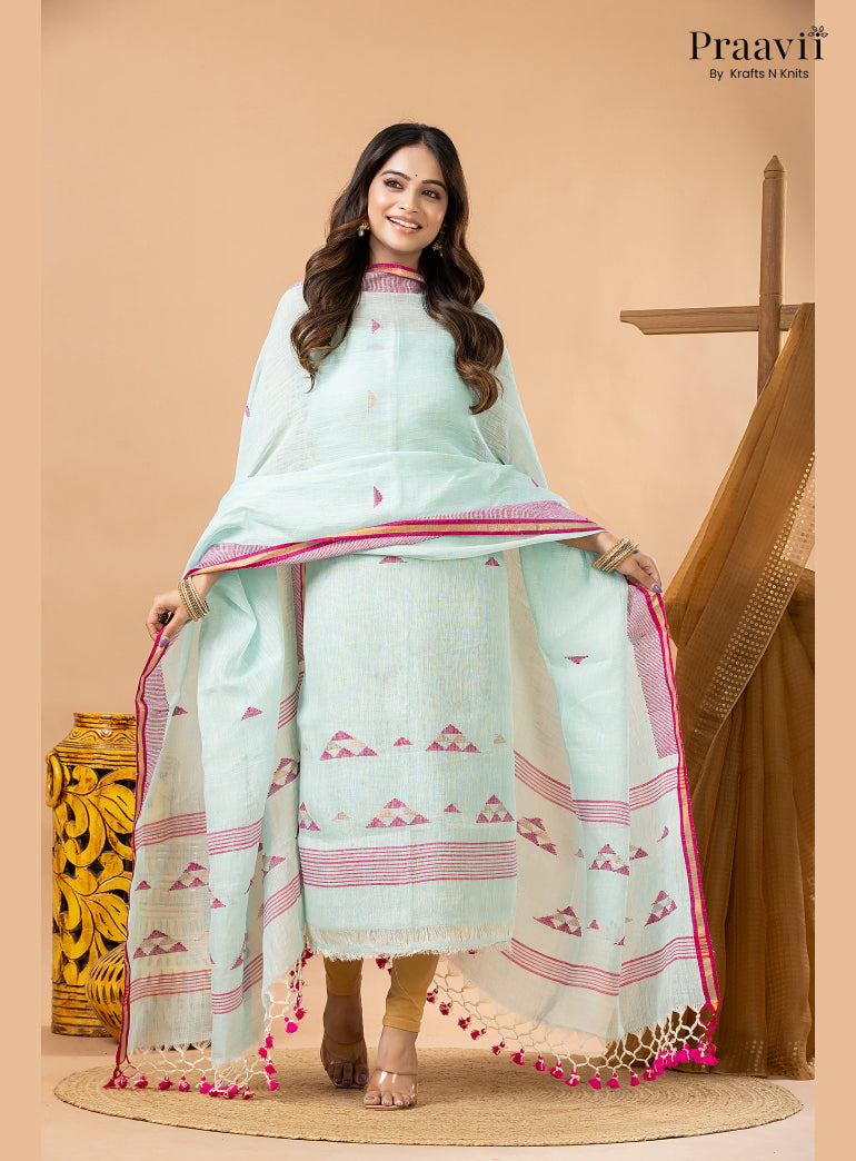 Powdery Blue Linen Lata Jamdani Handwoven 2-Piece Suit Set
