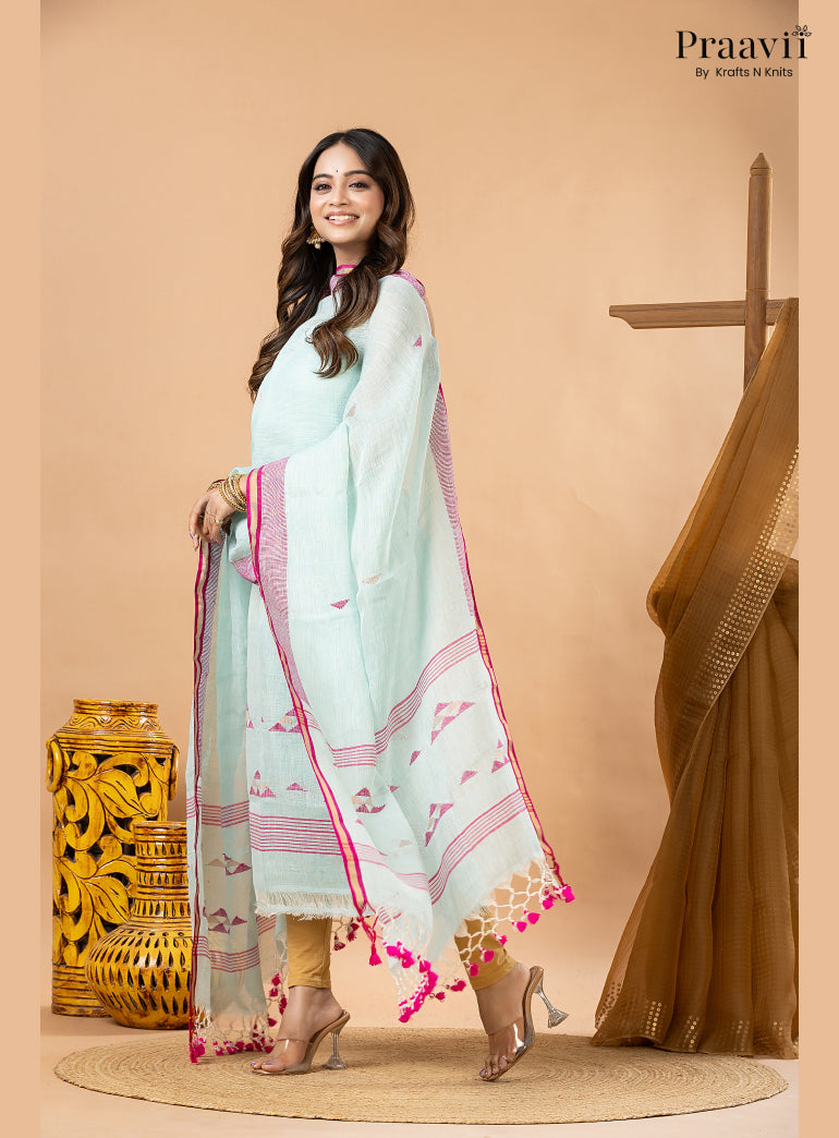 Powdery Blue Linen Lata Jamdani Handwoven 2-Piece Suit Set