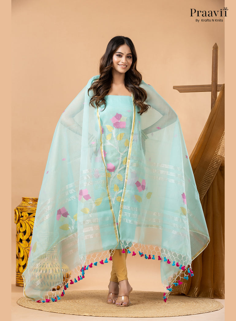 Soft Cyan Blue Muslin Handwoven Jamdani 2-Piece Suit Set