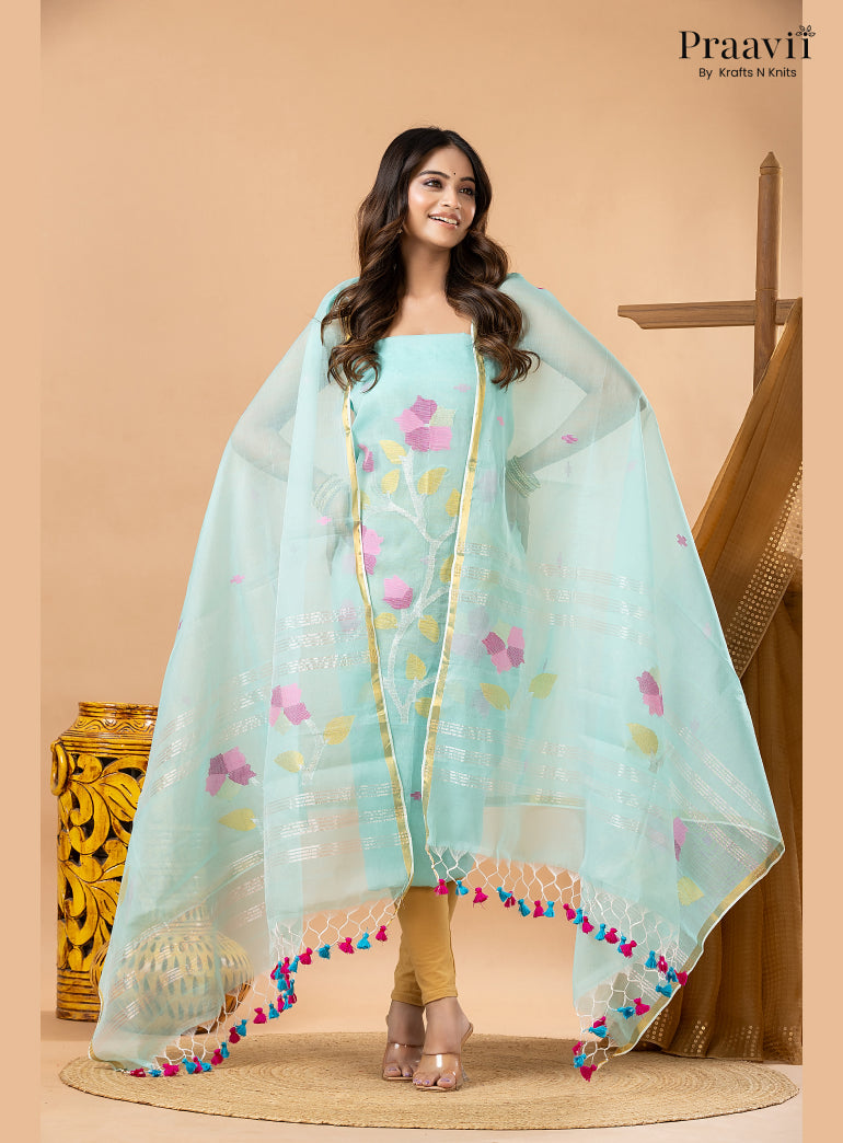 Soft Cyan Blue Muslin Handwoven Jamdani 2-Piece Suit Set