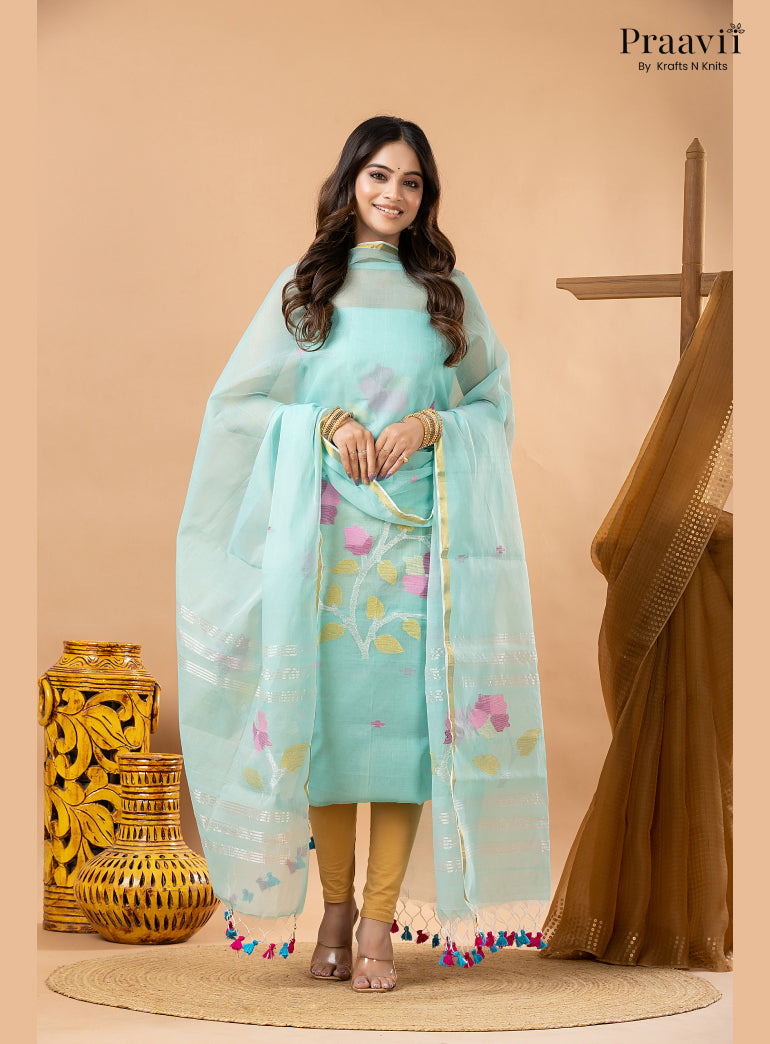 Soft Cyan Blue Muslin Handwoven Jamdani 2-Piece Suit Set