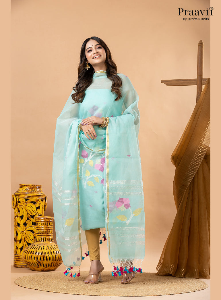 Soft Cyan Blue Muslin Handwoven Jamdani 2-Piece Suit Set