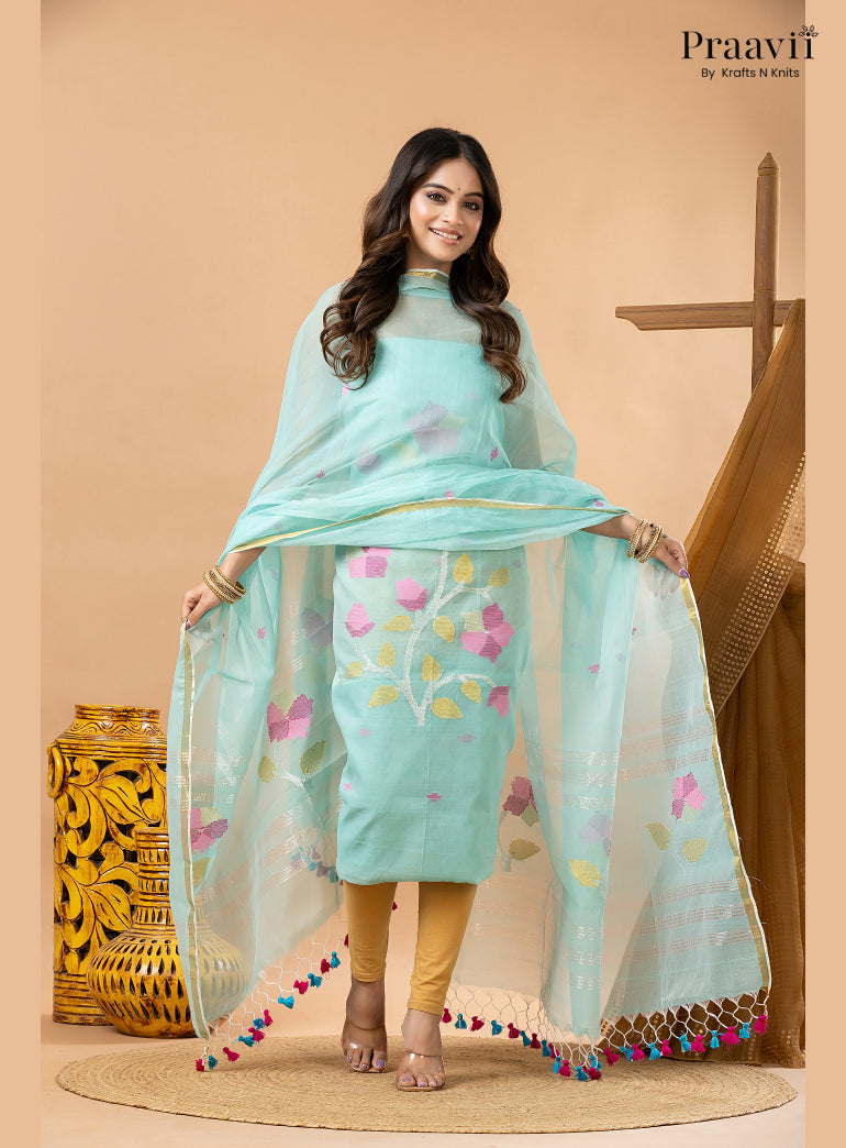Soft Cyan Blue Muslin Handwoven Jamdani 2-Piece Suit Set