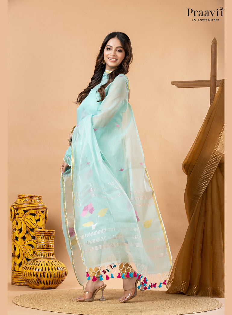 Soft Cyan Blue Muslin Handwoven Jamdani 2-Piece Suit Set