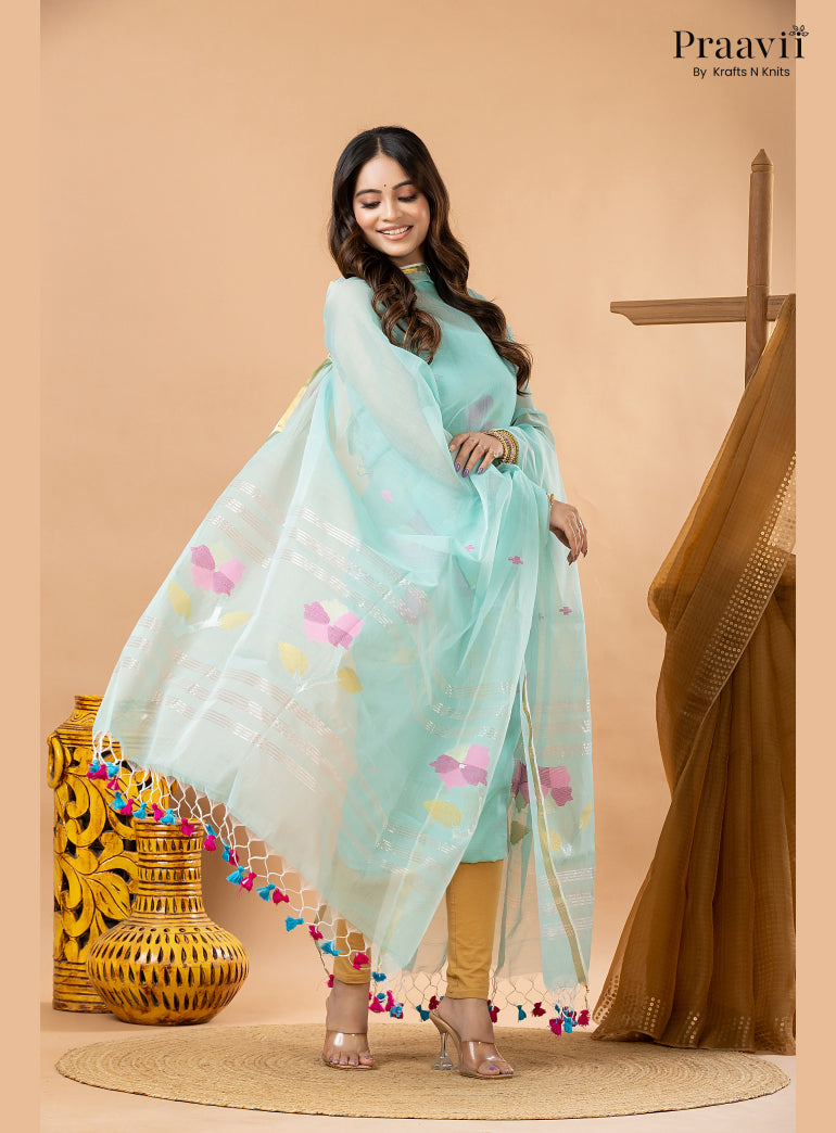 Soft Cyan Blue Muslin Handwoven Jamdani 2-Piece Suit Set