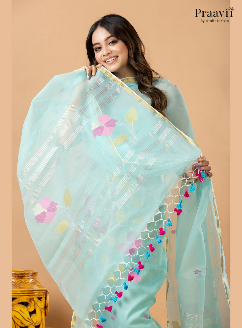 Soft Cyan Blue Muslin Handwoven Jamdani 2-Piece Suit Set
