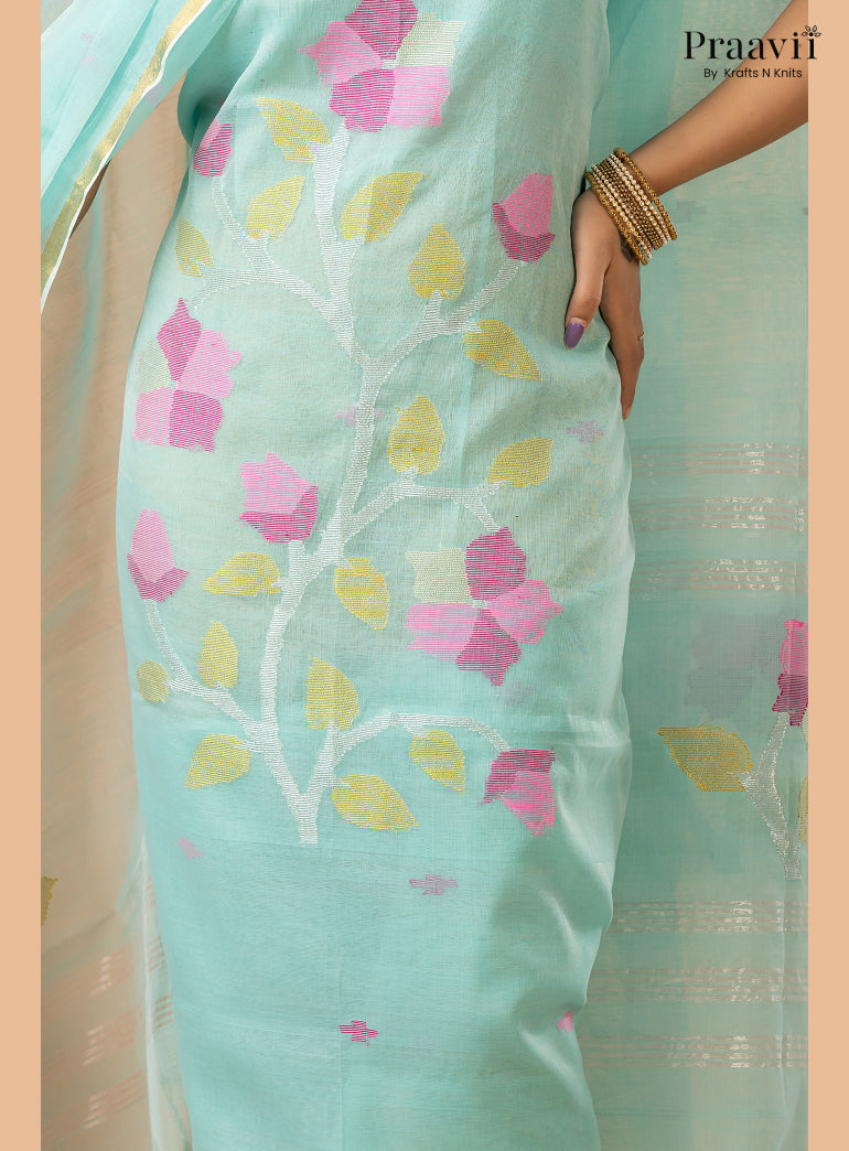 Soft Cyan Blue Muslin Handwoven Jamdani 2-Piece Suit Set