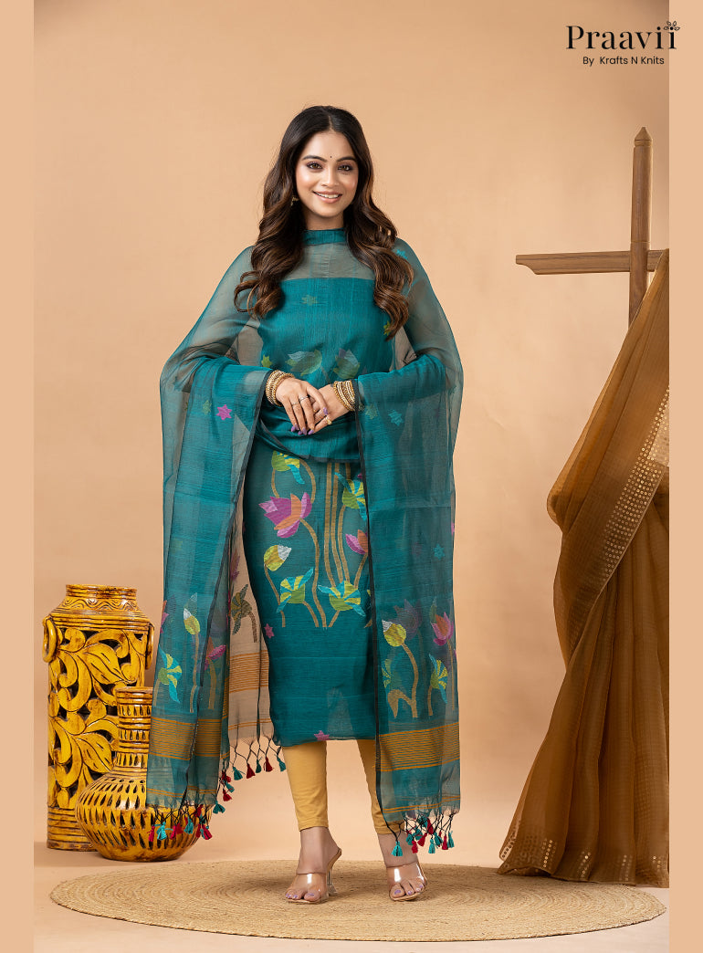 Rama Green Muslin Lotus Handwoven Jamdani 2-Piece Suit Set