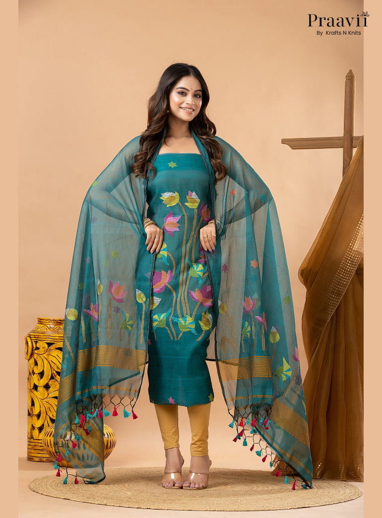 Rama Green Muslin Lotus Handwoven Jamdani 2-Piece Suit Set