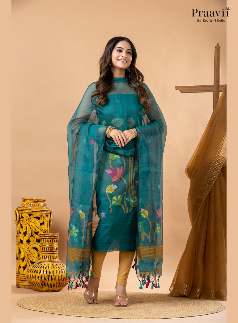 Rama Green Muslin Lotus Handwoven Jamdani 2-Piece Suit Set