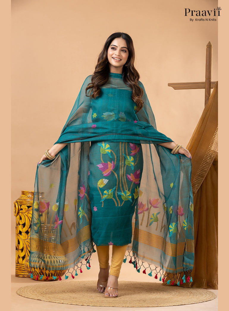 Rama Green Muslin Lotus Handwoven Jamdani 2-Piece Suit Set